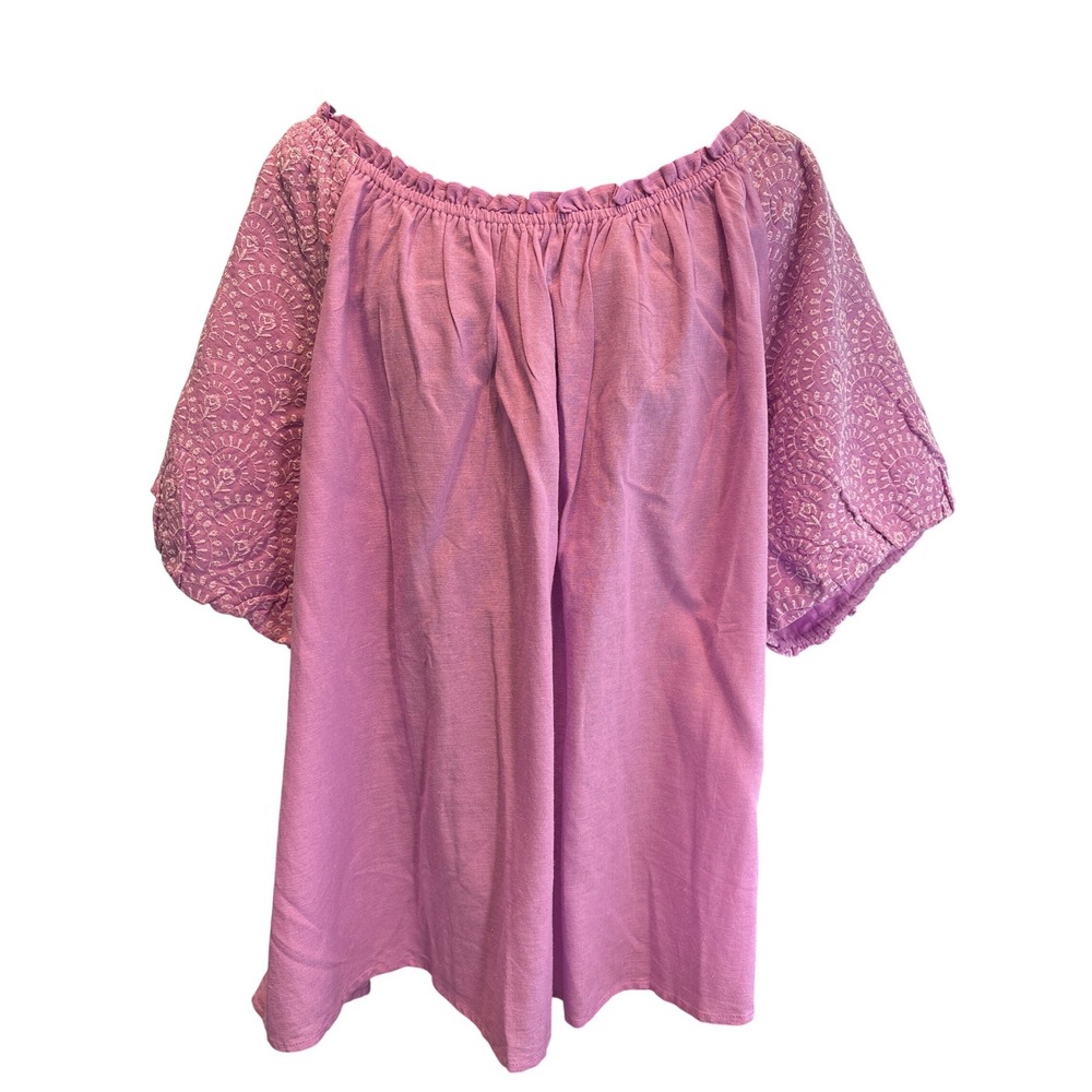 Cato Plus Size 26W Lavender Embroidered Off Shoulder Puff Sleeve Top Rayon Linen